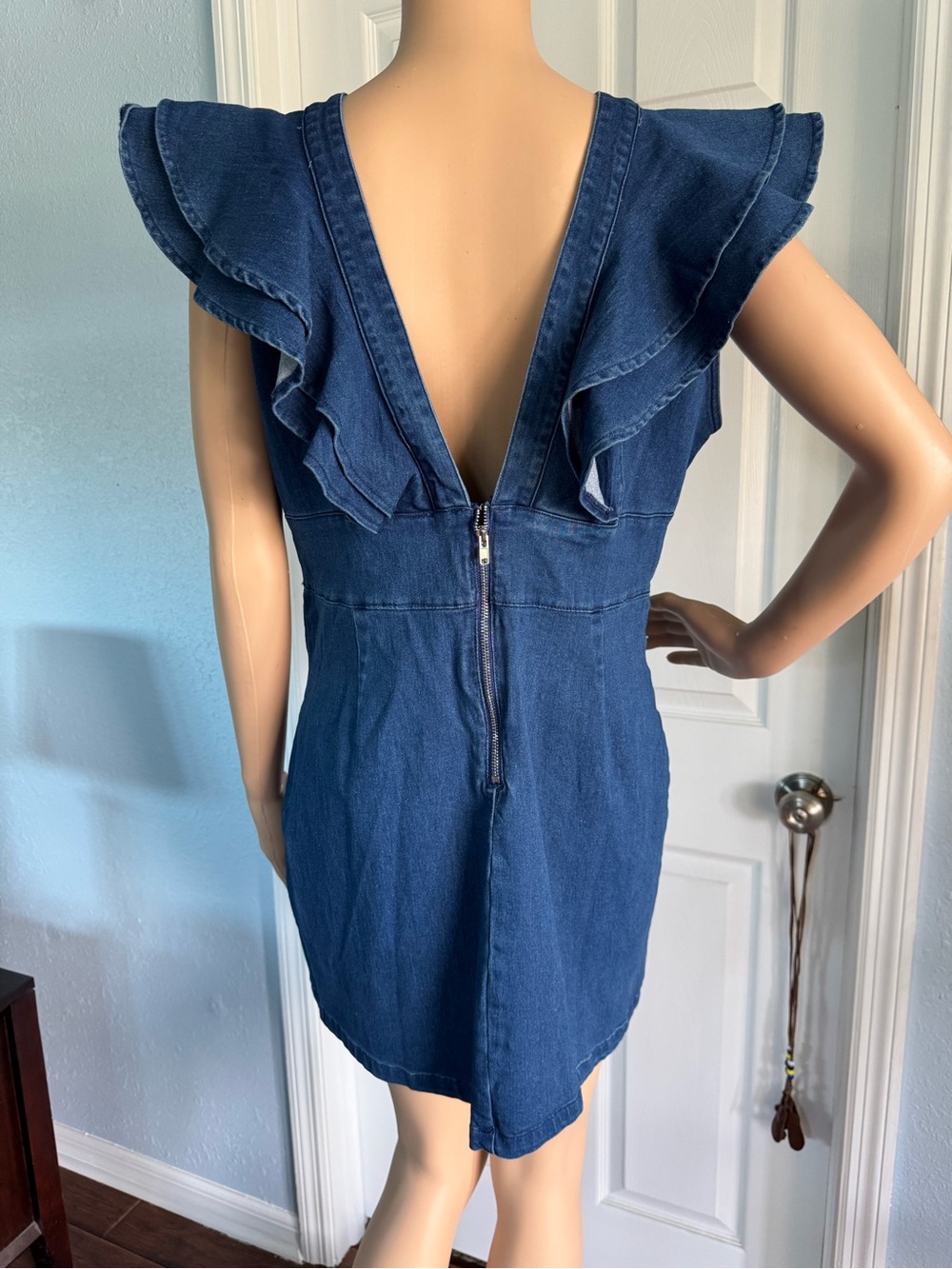 Dark Blue Ruffled V-Neck Denim Mini Dress - Picture 3 of 3